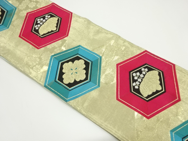 JAPANESE KIMONO / ANTIQUE FUKURO OBI / SILK / WOVEN KIKKO & PAULOWNIA & FLORAL RHOMBUS